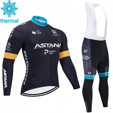 Tenue Cycliste Manches Longues et Collant à Bretelles 2020 Astana Pro Team Hiver Thermal Fleece N002